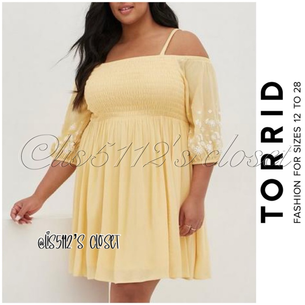 Torrid Yellow & White Floral Boho Gauze Cold Shoulder Mini Dress 1X 14 16